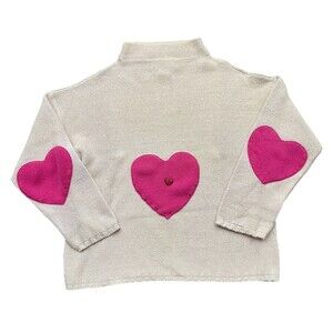 Vintage Cotton Sweater Cream Pink Heart Patches Women’s M Whimsical Knit USA